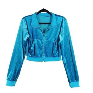 Y2K CROP TOP Velvet Full Zip Size LARGE(12-14) Blue Knit Casual